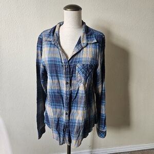 Womans Pendleton Blue and Yellow Plaid Button Up Shirt L